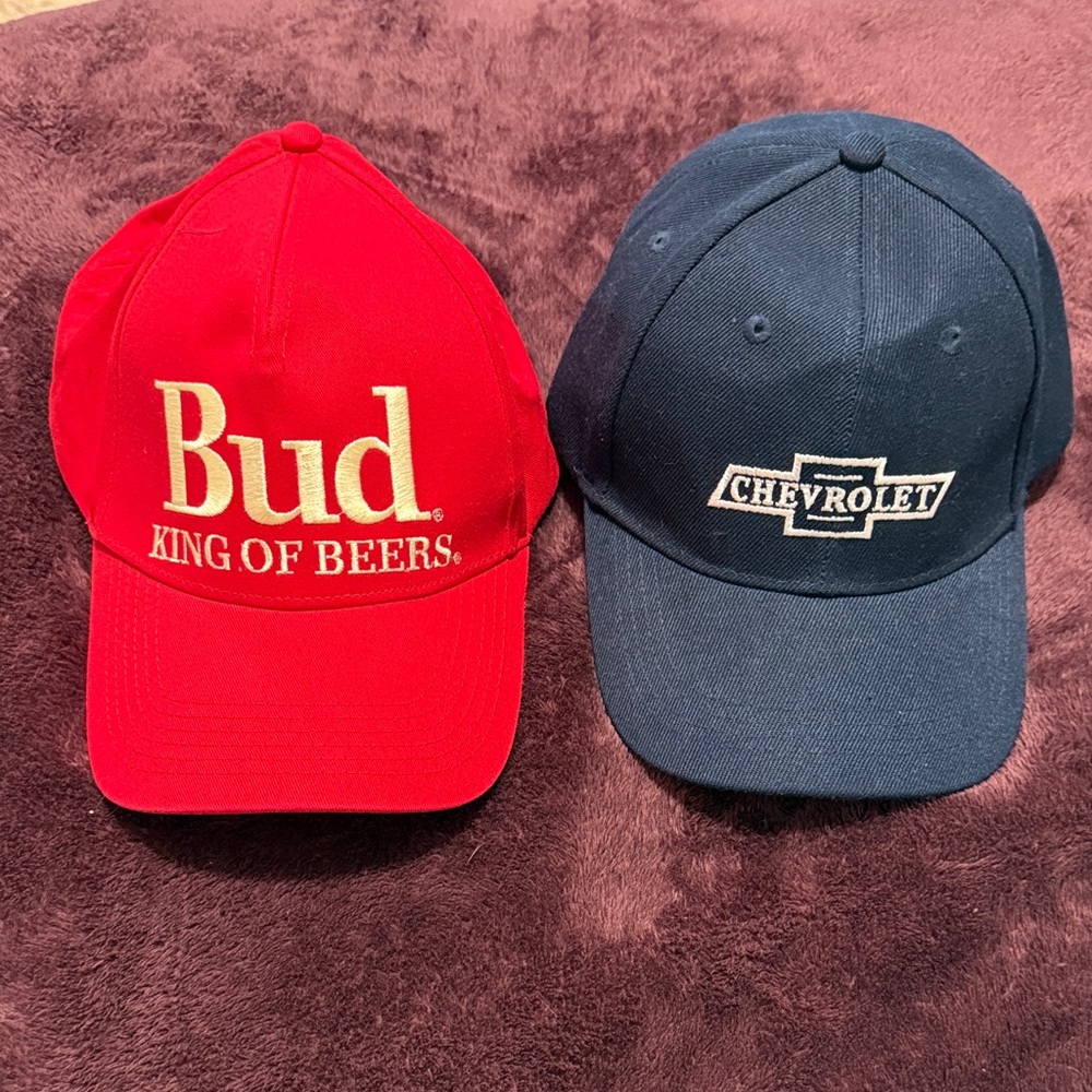 Budweiser and Chevrolet Red and Blue Caps.
